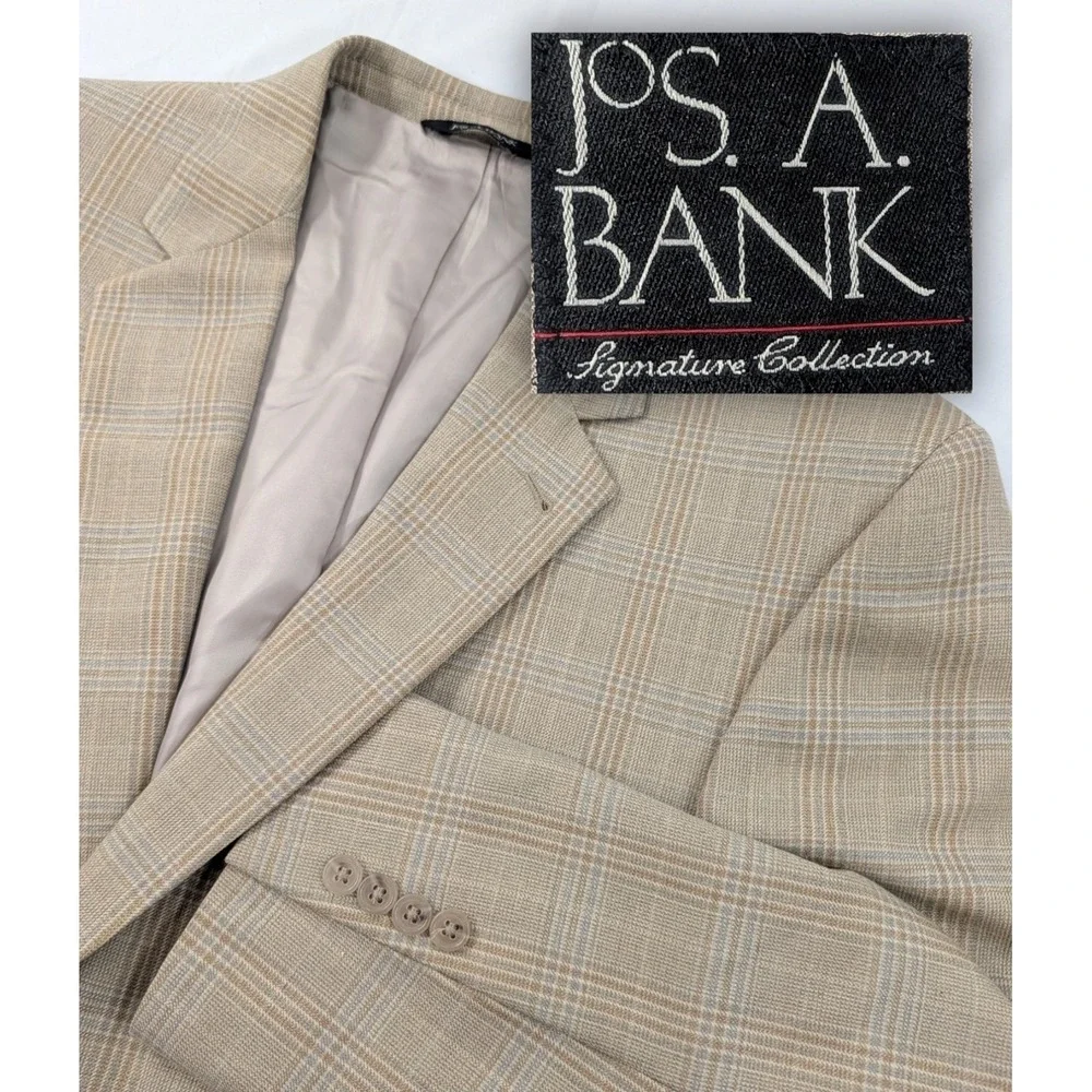 Jos Bank Blazer Coat Sport Suit Jacket Wool Tan Glenn Check Subtle Plaid 46R 48